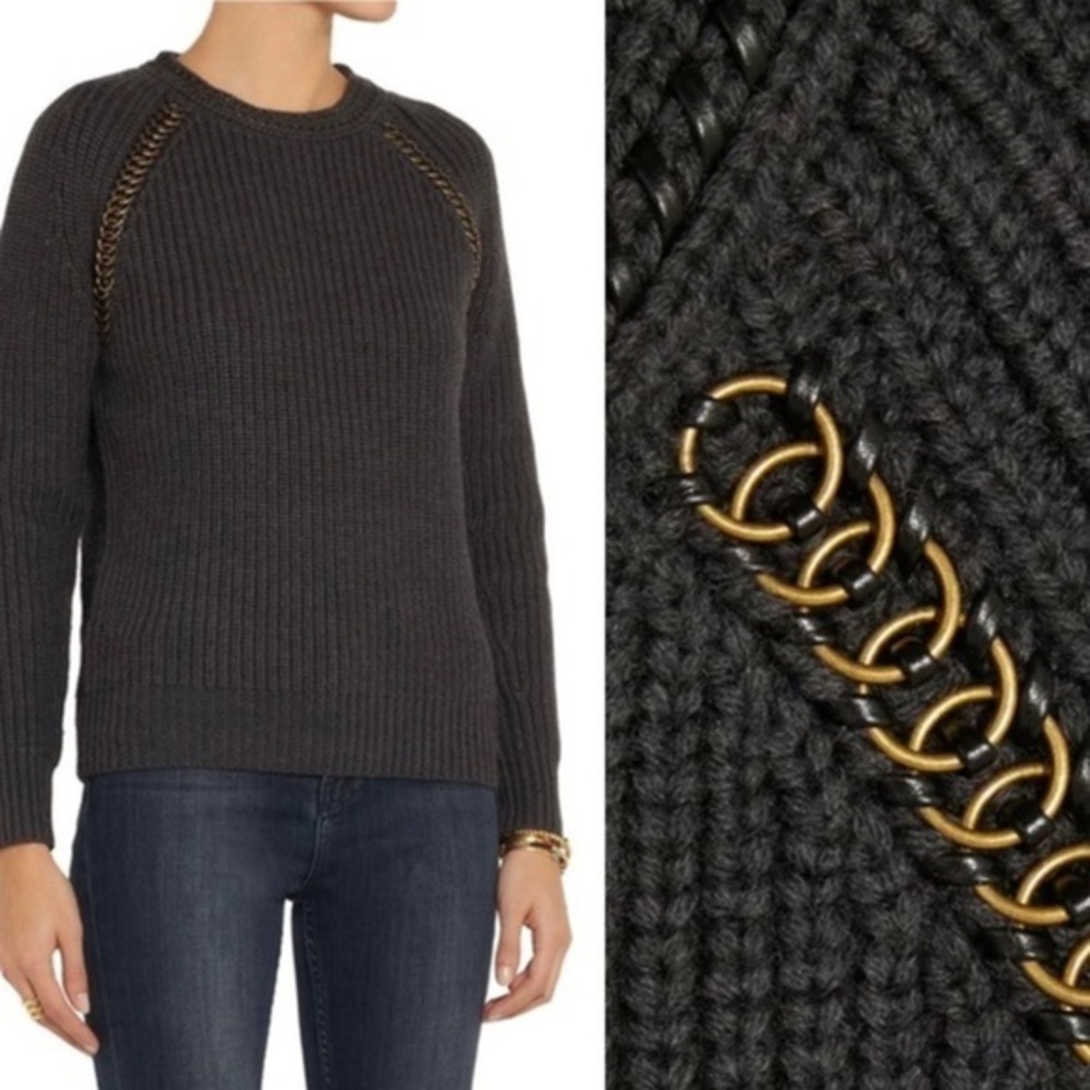 Tory Burch Trudy Embellished Wool Sweater, Charcoal Grey, size S